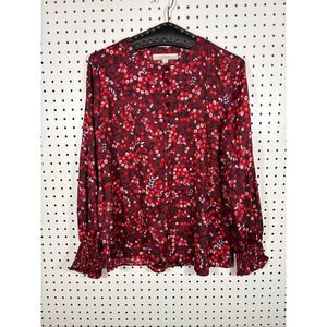 Loft women's burgundy floral velvet buttons flowy sleeves blouse size S
